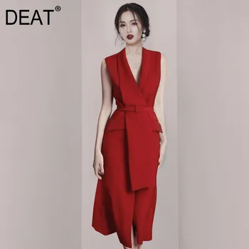 

DEAT Solid Color Sleeveless V-neck Belt Front Slit Loose Ladies Office Blazer Dress Jane Fashion 2020 spring Winter New TV251