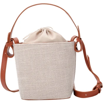 

Ladies Vintage Beach Straw Bags Burlap Sling Bucket Bag Beach Bag Crossbody Bag Brown
