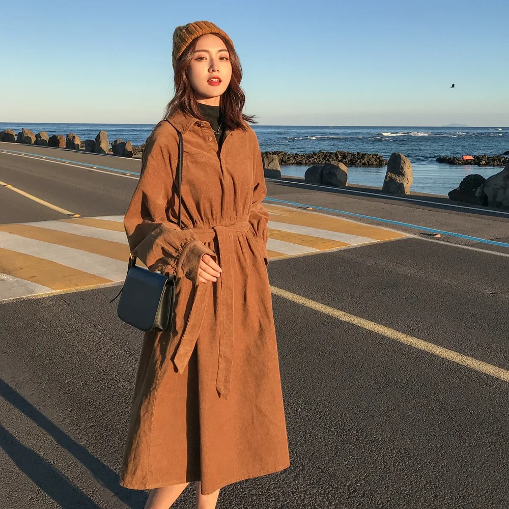

Photo Shoot Waist Hugging Lace-up Shirt Dress 2019 Autumn And Winter New Style Fashionable WOMEN'S Dress Retro Laziness-Style Co