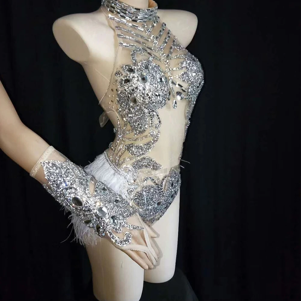 Shining Rhinestone Women Sleeveless Bodysuits Singer Stage Wear White Feather Body Suits Gloves Evening Prom Drag Queen Outfit