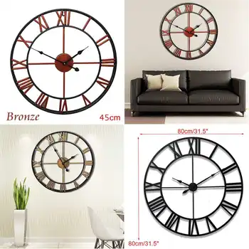 

45/80CM Nordic Metal Roman Numeral Wall Clocks Retro Iron Round Face Black Gold Large Outdoor Garden Clock Home Decoration