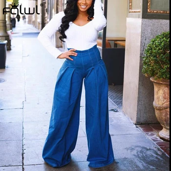 

FQLWL Autumn Casual Flare Wide Leg Jeans Women Trousers Plus Size Loose High Waist Jeans Female Streetwear Winter Ladies Jeans