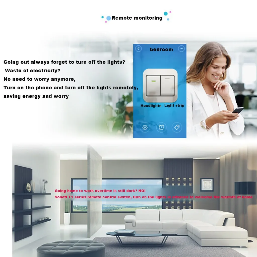 Sonoff T1 US/EU 1C 1,2, 3 банды Wi-Fi панель дистанционного настенного приложения контрольный светильник переключатель времени