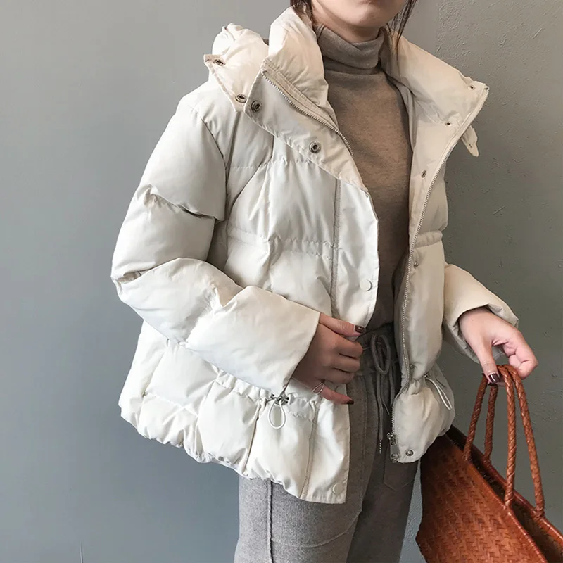 Теплая зимняя короткая куртка женская модная парка с хлопковой подкладкой Harajuku пальто с капюшоном Женская однотонная верхняя одежда с завязками