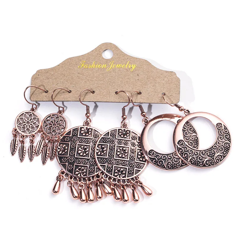 Rose Gold Set-14 Этническое розовое золото металлическая кисточка бахрома женские серьги комплект ювелирных изделий богемия старинные круглые листья круг бабочка геометрические серьги-капли 3 пара / комплект прямая поставка - Окраска металла: Rose Gold Set-14