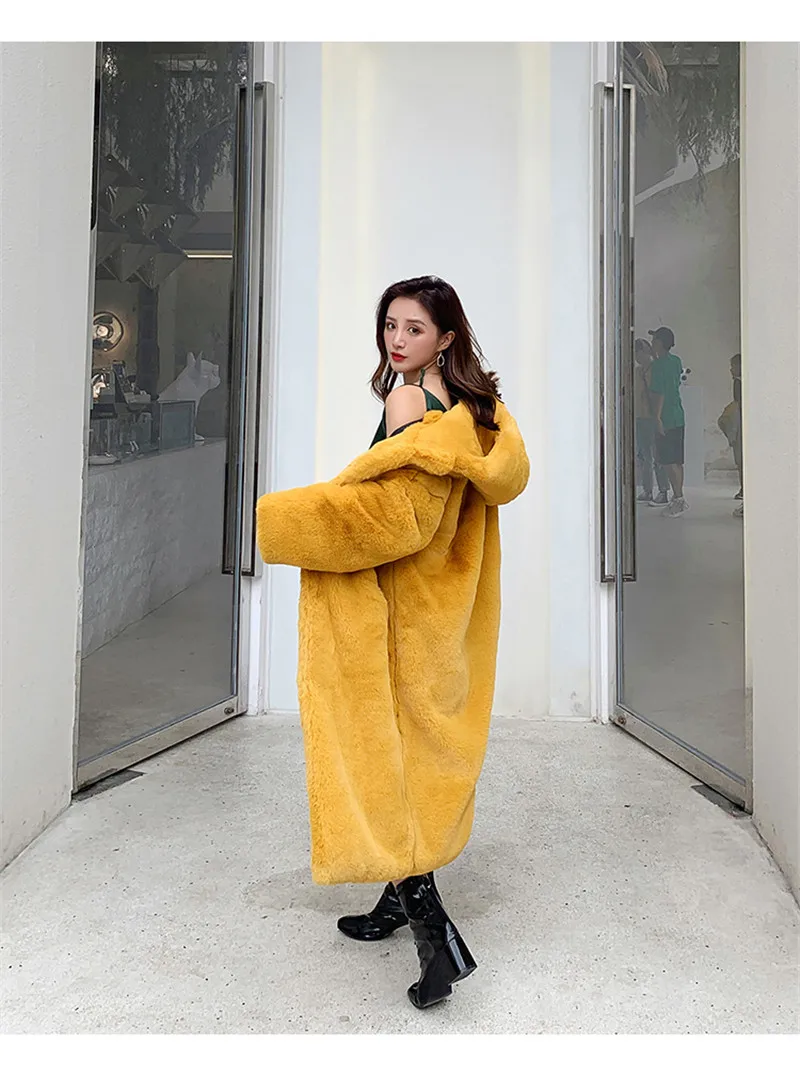 RUGOD, корейский стиль, женские куртки с капюшоном, воротник, длинная, кроличий мех, пальто для женщин,, женские куртки