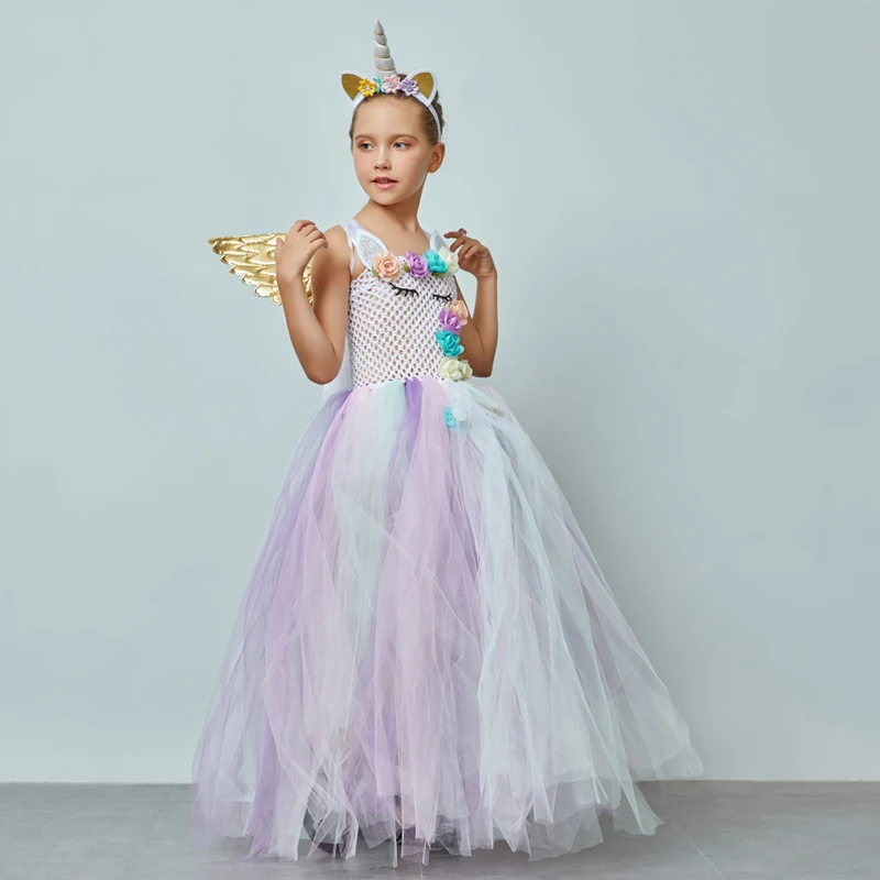 Girls Pastel Unicorn Flower Tutu Dress Princess Kids Pageant Party Tutu Dress with Headband wings Children Tulle Dress Ball Gown (4)