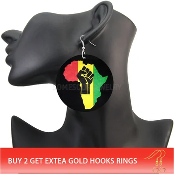 

SOMESOOR Afro Powerful Fist Black Wooden Drop Earrings With African Motherland Map Pattern Ethnic Wood Jewelry For Women Gifts