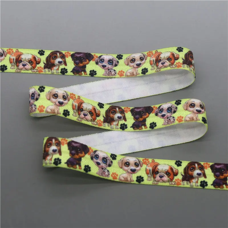 DHK 5/8'' 5yards dog printed Fold Elastic FOE stretch ribbon hairbow headwear headband DIY C1855