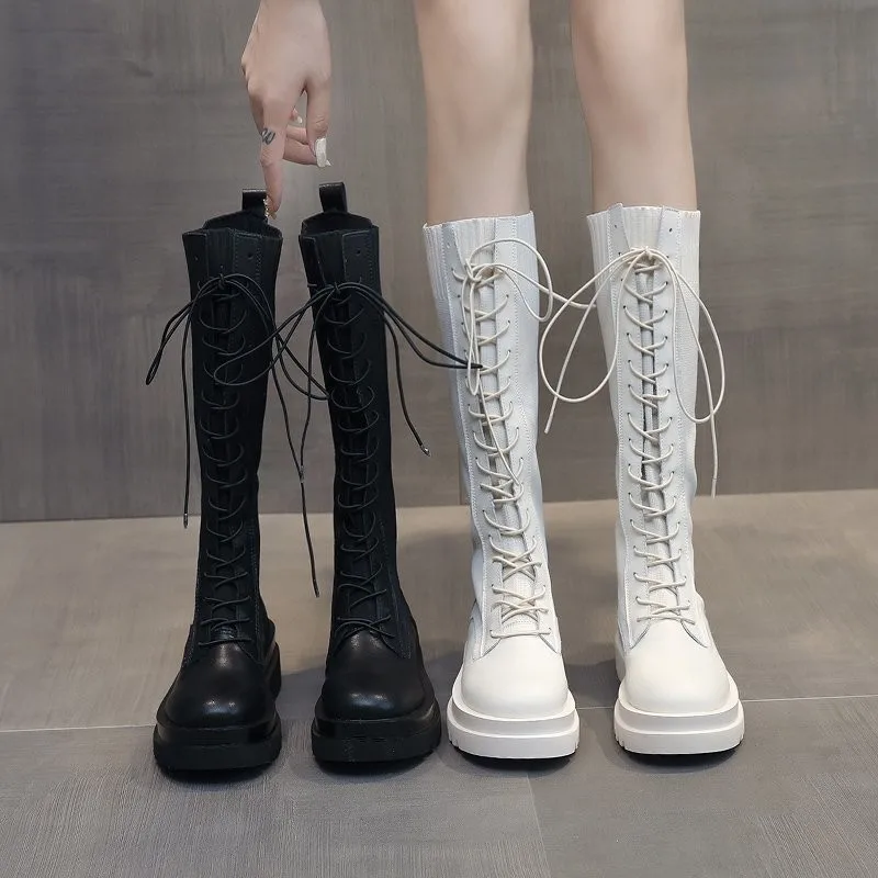 Women Sock Boots Autumn Lace up Mid Calf Boots Female High Platform Sock Shoes Fashion Beige Stockings Boots  Mid calf