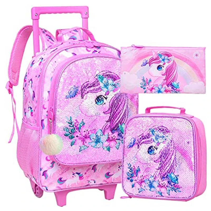 Mochila enrollable de 4 piezas para niños, bolsa de libros con ruedas de lentejuelas de unicornio para niñas, mochila escolar de viaje con ruedas| - AliExpress