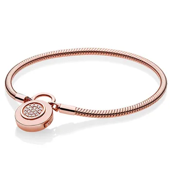 

Original Rose Logo Signature Padlock Smooth Snake Chain Bracelet Bangle Fit 925 Sterling Silver Bead Charm DIY Pandora Jewelry