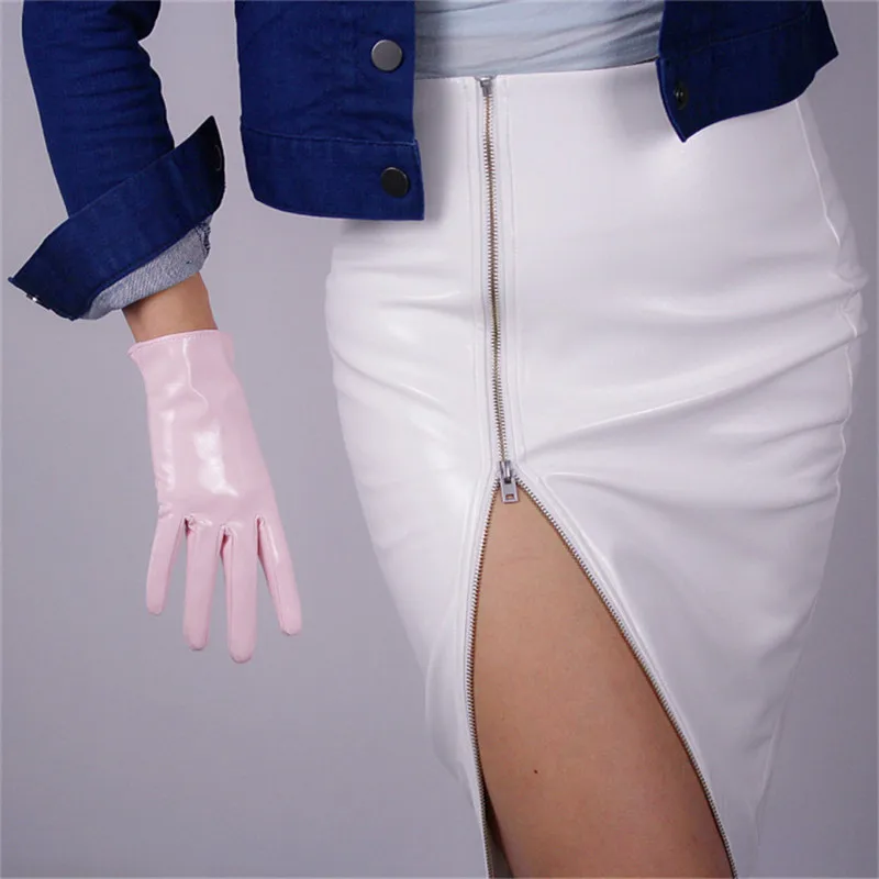 leather light pink Короткие перчатки для сенсорного экрана 21 см из искусственной кожи, зеркальные Яркие кожаные лакированные кожаные яркие черные, коричневый, белый светильник PU125 - Цвет: leather light pink