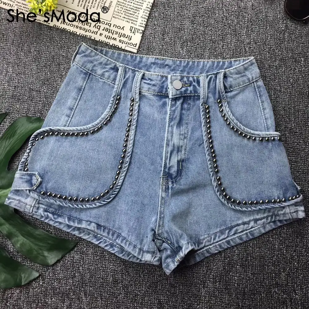 blue rivets She'sModa джинсы с заклепками женские шорты с карманом - Цвет: blue rivets