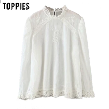 

2020 spring summer floral embroidery white tops blouses lace spliced tops plus size women clothes