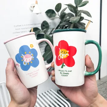 

Korean Painted Flower Brief Ceramic Cup with Lid Spoon Creative Juice Milk Breakfast Mug Household Coffee Mug for Girls Children