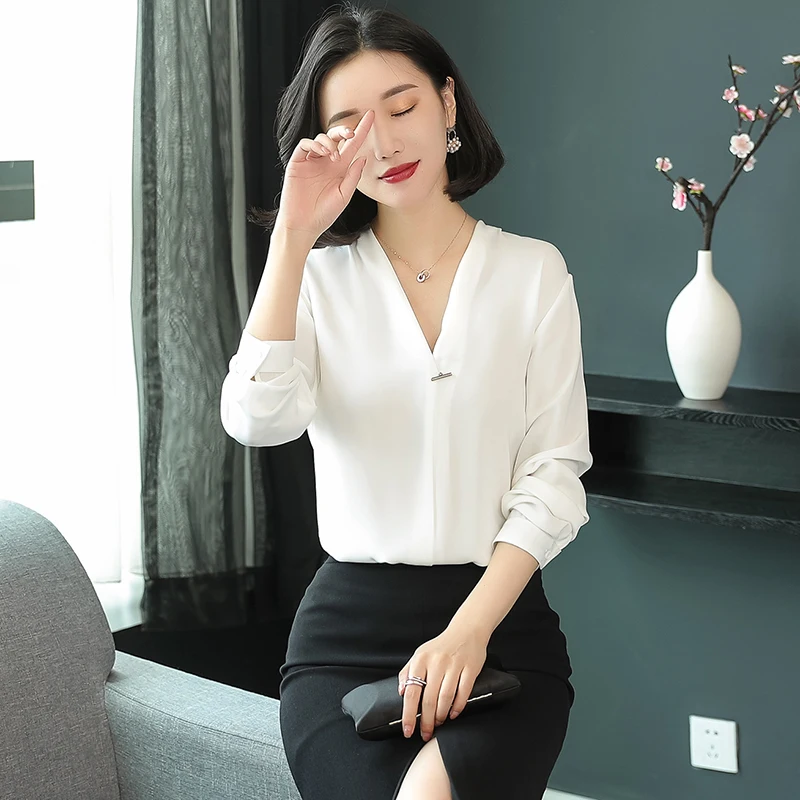 Осенняя Офисная Женская белая блузка с длинным рукавом топы блузки для женщин
