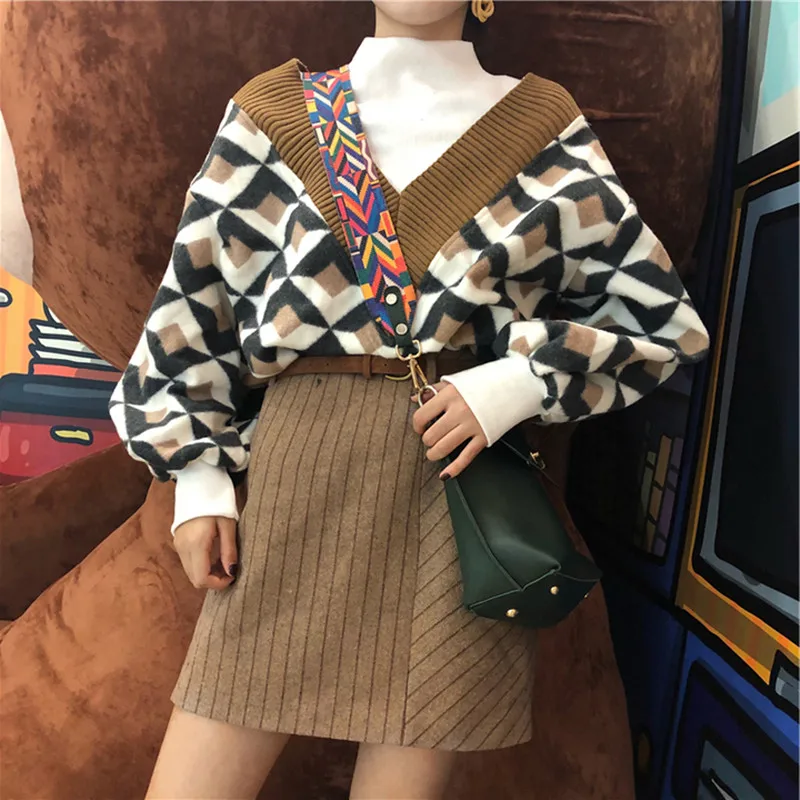 

Women Striped Skirt 2 Piece set Autumn Winter New Women's V-Collar Geometric Pattern Printed Pullover + Mini-striped Skirt Suit