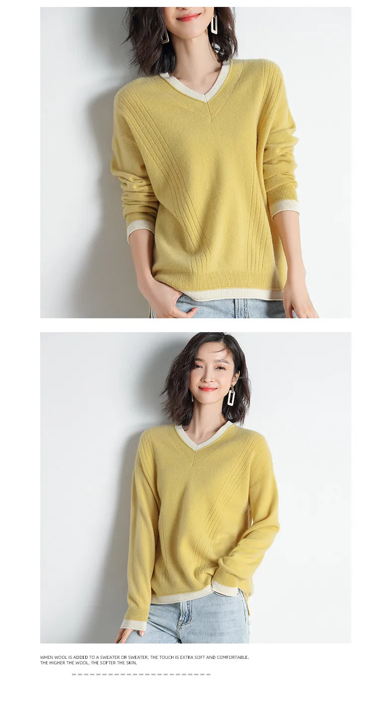 XJXKS Fashion V-neck splicing sweater women pullover autumn winter new large size high-end wool women knitted sweater