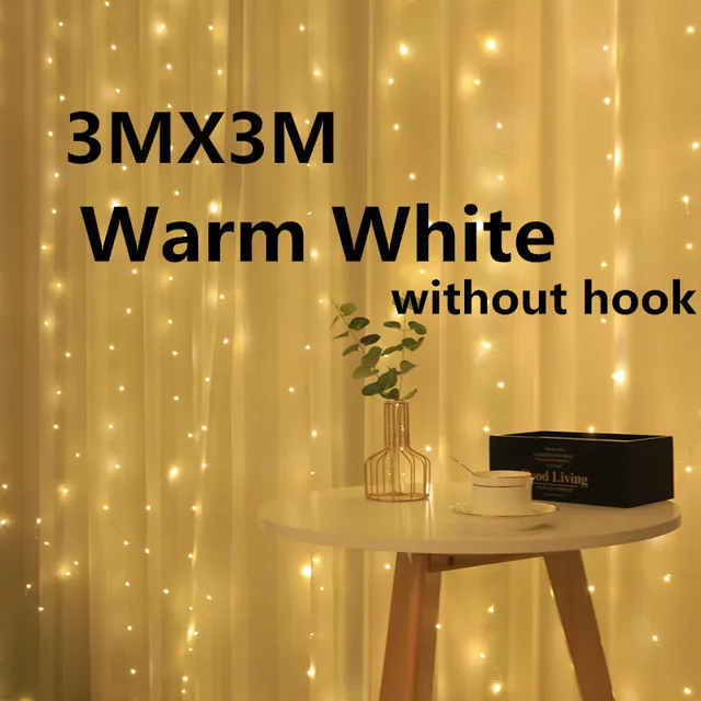 3M Rainbow LED Garland Curtain Lights Fairy String Remote Control USB Christmas Lamp Holiday Decoration For Home Bedroom Window Warm White 3X3M