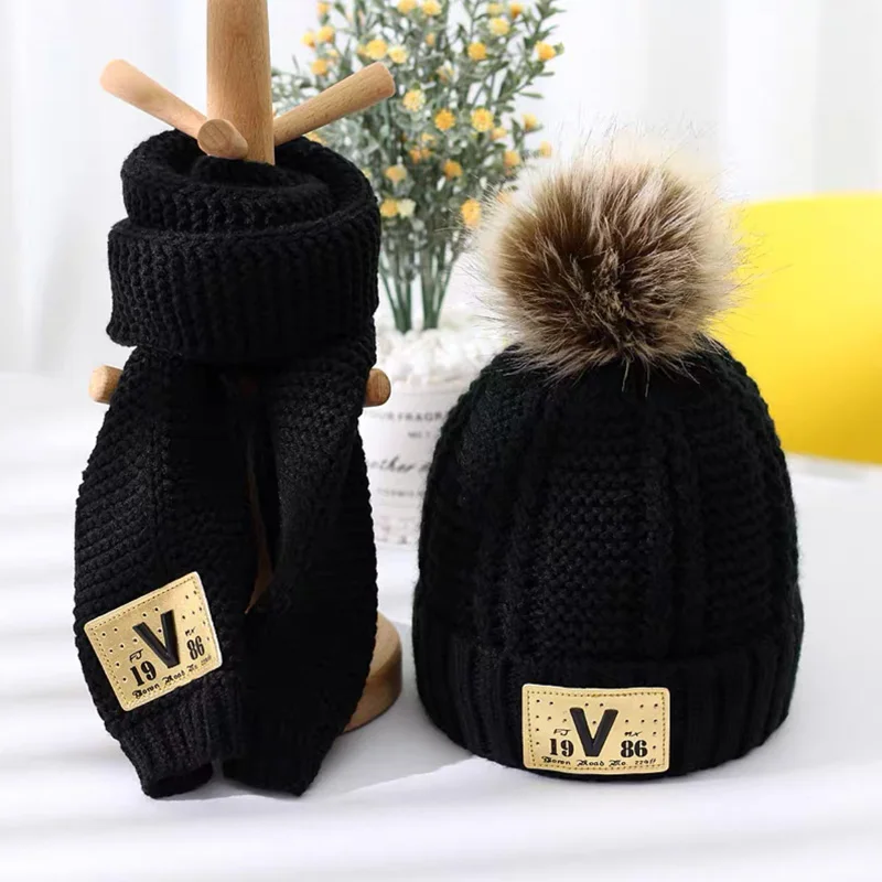 Wool Hat Kids Winter Hat Scarf Set Children's hat and scarf set combination boys and girls lovely thick style autumn winter warm knitting