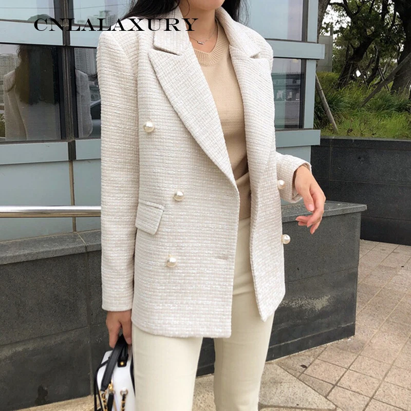 

Small Fragrant Runway blazer Double Breasted Tweed Jacket Coat 2019 Women Notched Long Sleeve Pearls Ladies Outerwear blazers