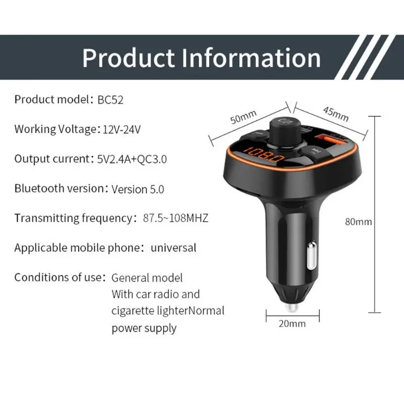 BC52 QC3.0 USB зарядное устройство автомобильный комплект BT 5,0 FM передатчик Hands-free MP3-плеер
