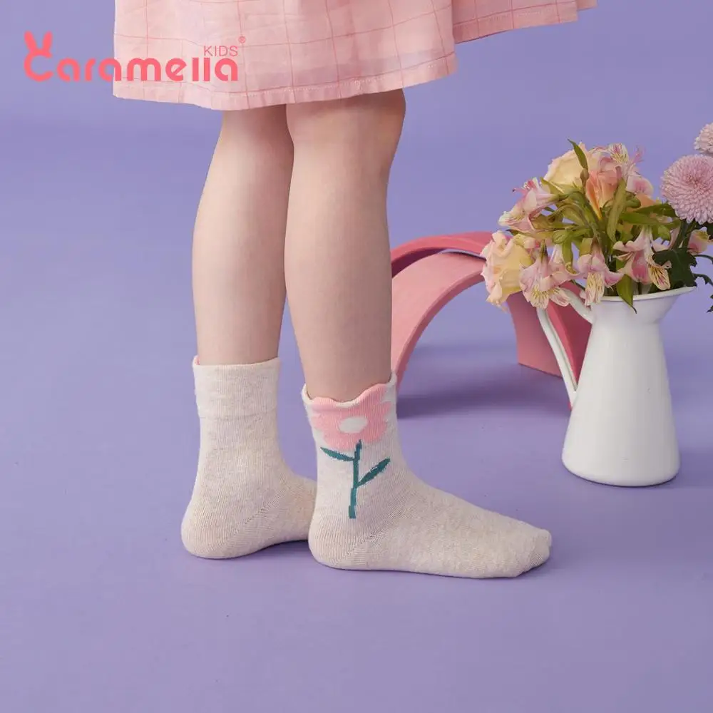 Caramella/3 пары; хлопковые зимние осенние носки с цветочным узором для малышей; короткие носки для маленьких девочек; Милые бесшовные мягкие носки в горошек и полоску