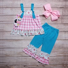 Ropa de verano para niñas, falda con tirantes y pantalones azules con estampado bordado de vaca, trajes para niñas pequeñas