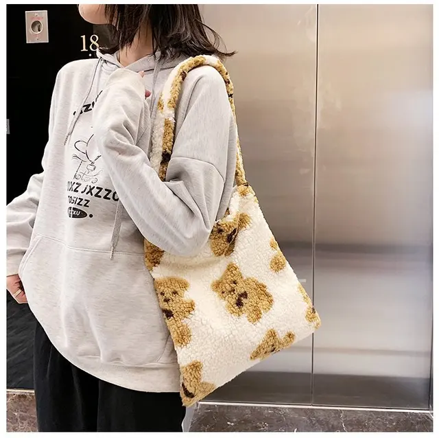 Women Imitation Lamb Fabric Shoulder Tote Bag Canvas Fluffy Fur Bear  Handbags Large Capacity Soft Shopping Bags - Tool Parts - AliExpress