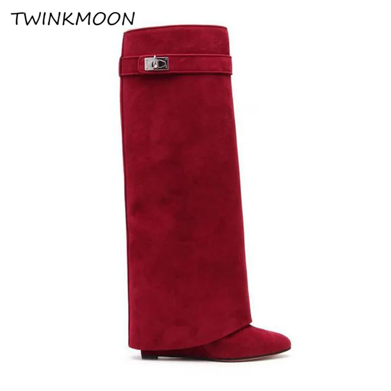 Wedge Shark Lock Women's Boot Genuine Leather Knee High Boots Winter Black Designer Fold Over Long Boot Botas Botas Mujer 2019