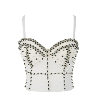 

Ladies Rhinestone White Crop Top Beading Summer Sexy Bustier Sleeveless Tank for Festival Night Club