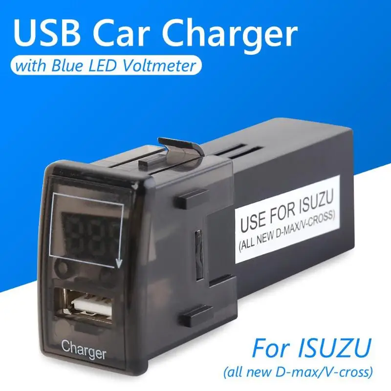 Лидер продаж зарядных порта USB для автомобиля Зарядное устройство нежный дизайн, 12 В, 24 В до 5 В, 2.1A Переходник USB для зарядки в машине с синий светодиодный вольтметр для ISUZU