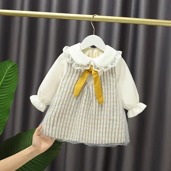 

JY Girls Plus Velvet Winter Dress Bowknot Fake Two-Piece Silk Skirt Small Fragrant Style A-Line Tz03