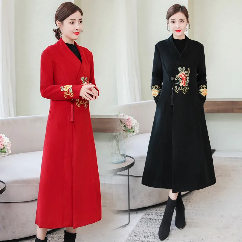 

Woolen Coat Women's Autumn And Winter Mid-length Slim Fit China National Wind Retro 2019 New Style Embroidery Woolen Jacket Fash