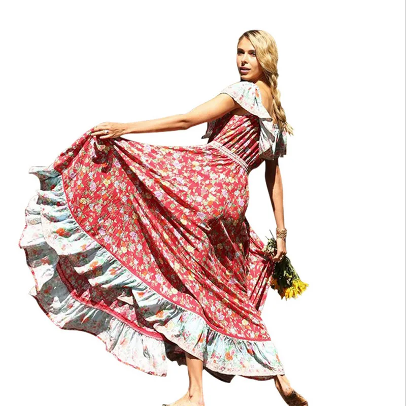 

Off Shoulder Women Bohemian Dress Vintage Psychedelic Floral Print Beach Boho Long Dress Big Swing Maxi Dresses Summer Vestidos