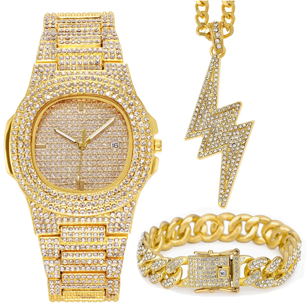 3pcs Iced Out Watch Necklace Bracelet for Men Luxury Diamond Watch Men Bling Hip Hop Jewelry Set Mens Gold Watch Calendar Chains