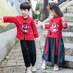 New Year Traditional Chinese Spring Festival  2Pcs Tang Suit Hanfu Kids Children Clothing Boy Girl Winter Red 2022 Cotton Fur