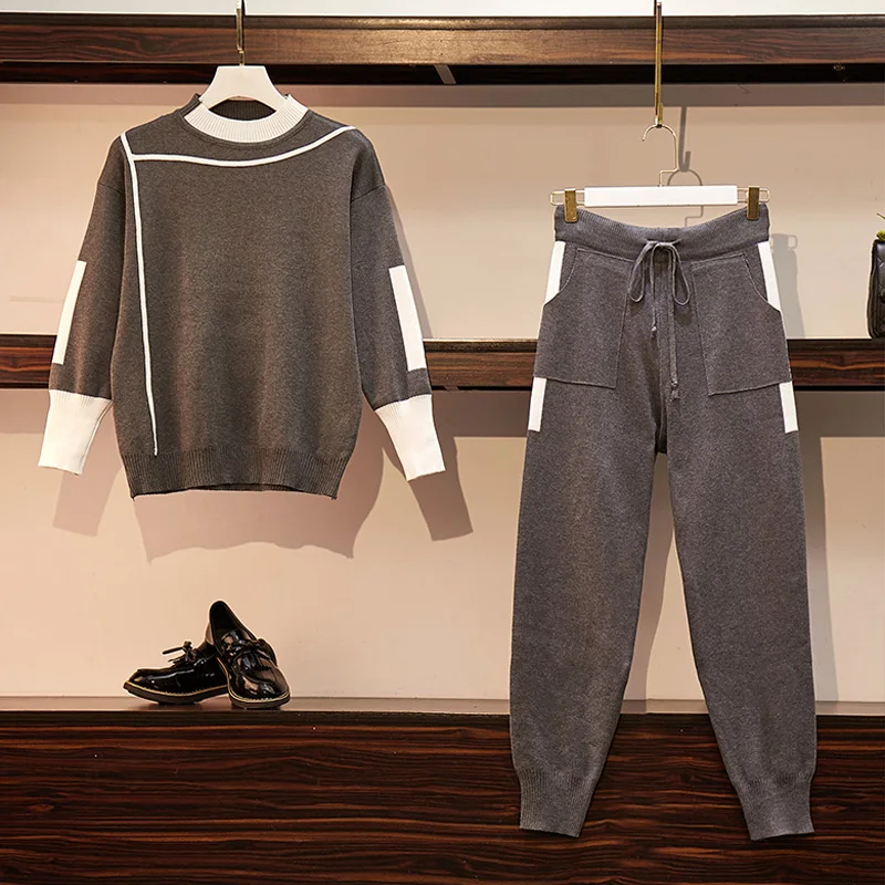 

Осень-зима Женская одежда Зимний теплый вязаный костюм комплект из двух предметов, свитер, топы и брюки для мальчиков, в комплекте с набором подходящих сумочек для большого размера плюс спортивная одежда