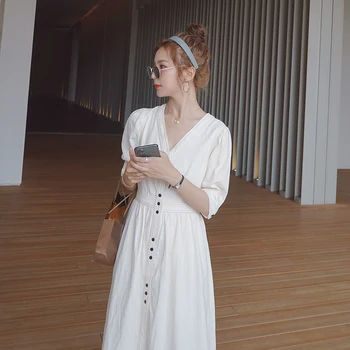

A Line Dresses Summer Woman Holiday Date Cute Sweet Korean Japan Preppy Style Girl Design Button Dress White Casual Dress
