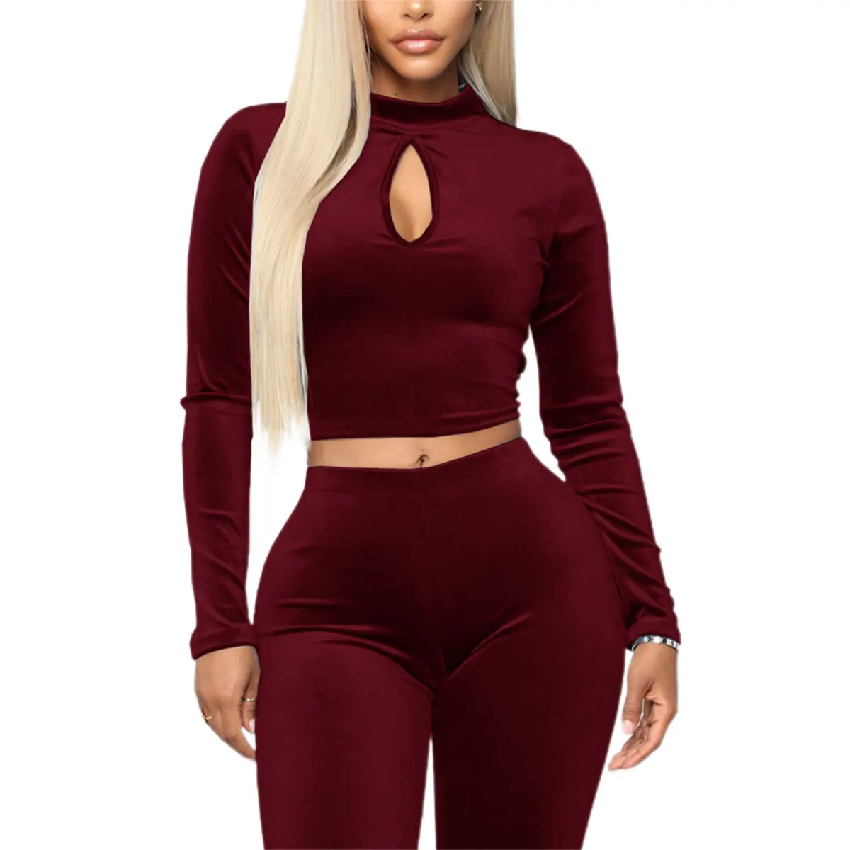 

Women's Velvet Fashion Clothes Outfit Solid Color Long Sleeve Turtleneck Tops + Long Flared Trousers Set