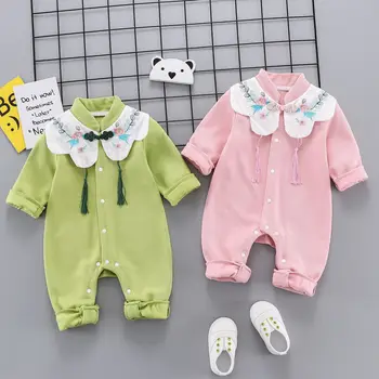 

Cotton Baby Girl Romper Chinese Style Hanfu Flower Embroidery Single Breasted Long Sleeve Baby Jumpsuit Baby Girl Clothes 0-12M