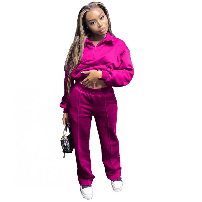 Lapel Thick Sweater Set Solid Color Long Sleeve Top+Wide-Leg Pants Two-Piece Winter 2021 Casual Women