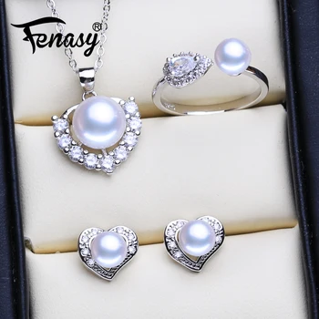 

FENASY Natural Freshwater Pearl Jewelry Sets For Women Classic Cute Stud Earrings Fashion Heart Pendant Necklace Party Rings
