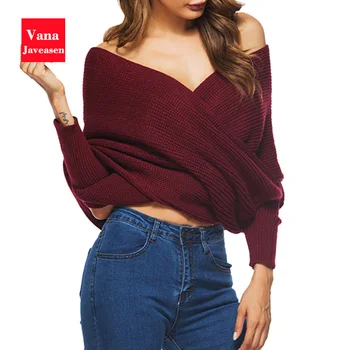

V-neck Cross Style knitting Sweater Women's Tops Winter Loose Outwear Pullover Warm Long-sleeved Sweater Streetwear Wool Tops