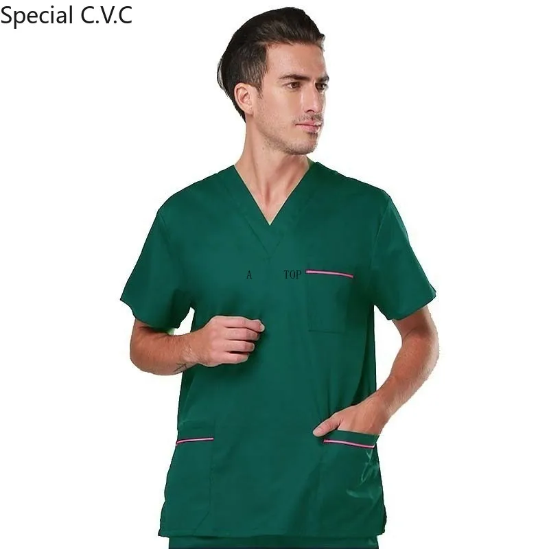 Men's Scrub TOP Color Blocking Design Short Sleeved V-collar Shirt Pure Cotton Medical Uniforms with Side Vent ( Just A Top)