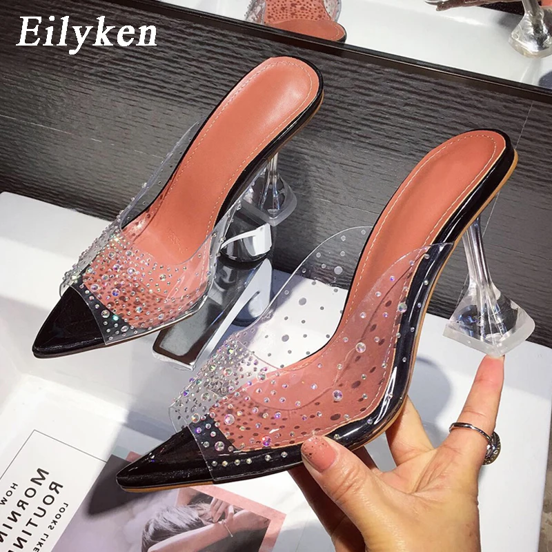 Black Eilyken/женские шлепанцы; летние туфли из ПВХ на прозрачном каблуке, украшенные кристаллами; женские туфли с острым носком на высоком каблуке для вечеринки и выпускного - Цвет: Black