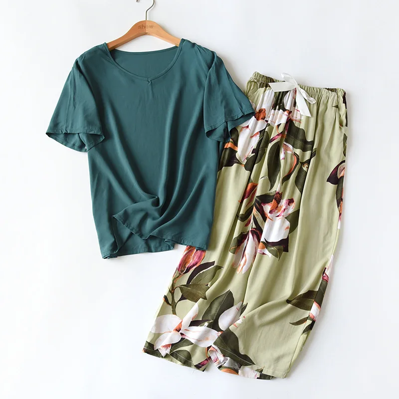 Women Comfort Rayon Pajamas Set 2Pcs Loose Thin Wide Leg Floral Printed Short Sleeve + Pants Spring New Ladies Household Sleepwear women pajamas set women pajama suit