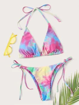 

Lady's Summer Style Two Pieces Bikini Set Tie Dye print triangle lace up ties at neck back and sides