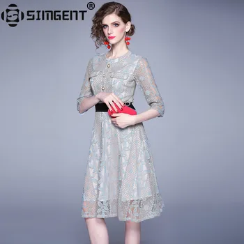 

Simgent Pin Up Dress Womens Button Pockets Elegant Slim Casual Office Knee Length Lace Dress Jurken Robe Chemise Femme Dropshipping SG99237